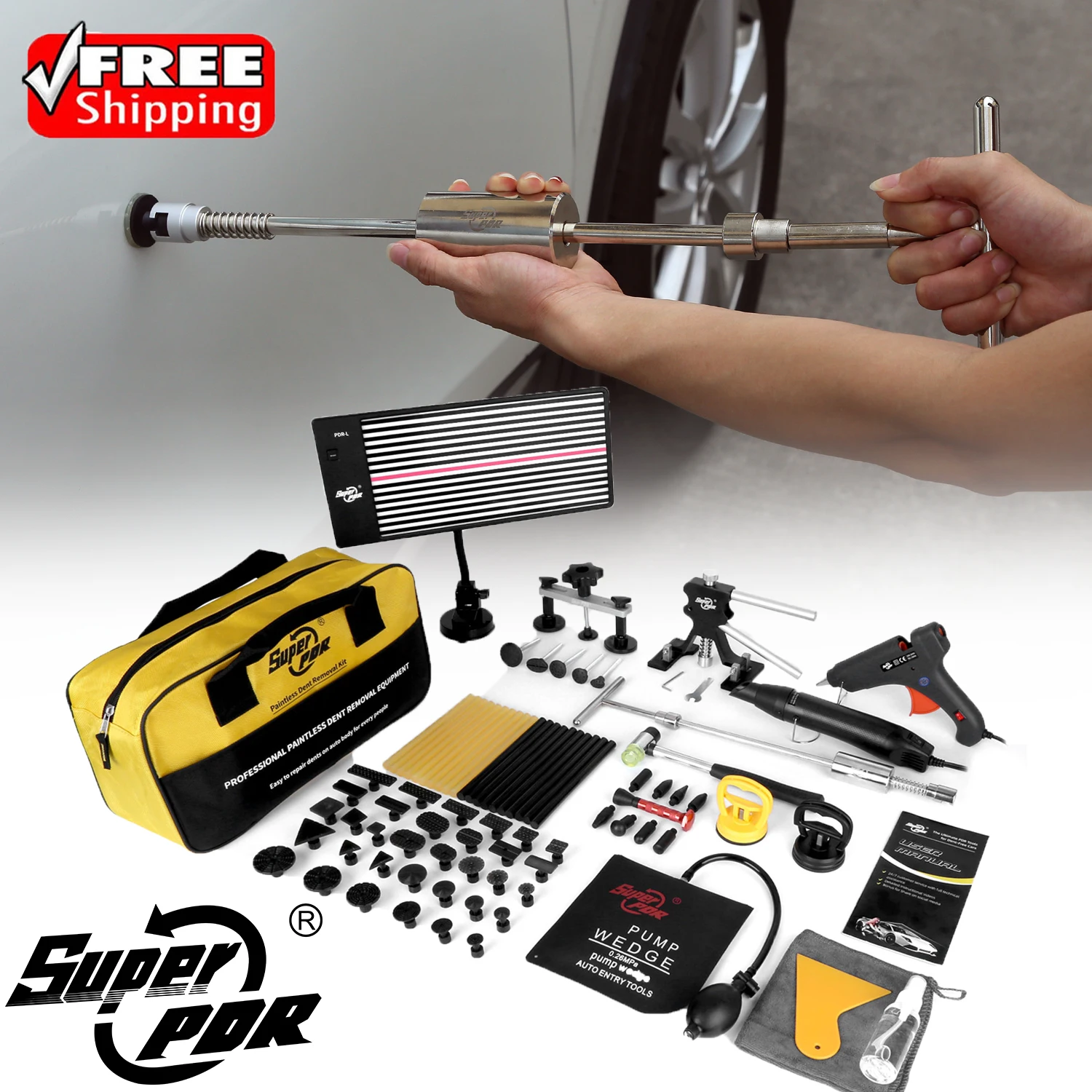 Super PDR Paintless Dent Repair Kit Car Dent Removal Tool Set with Dent Puller Slide Hammer for Auto Body Hail Damage Repair