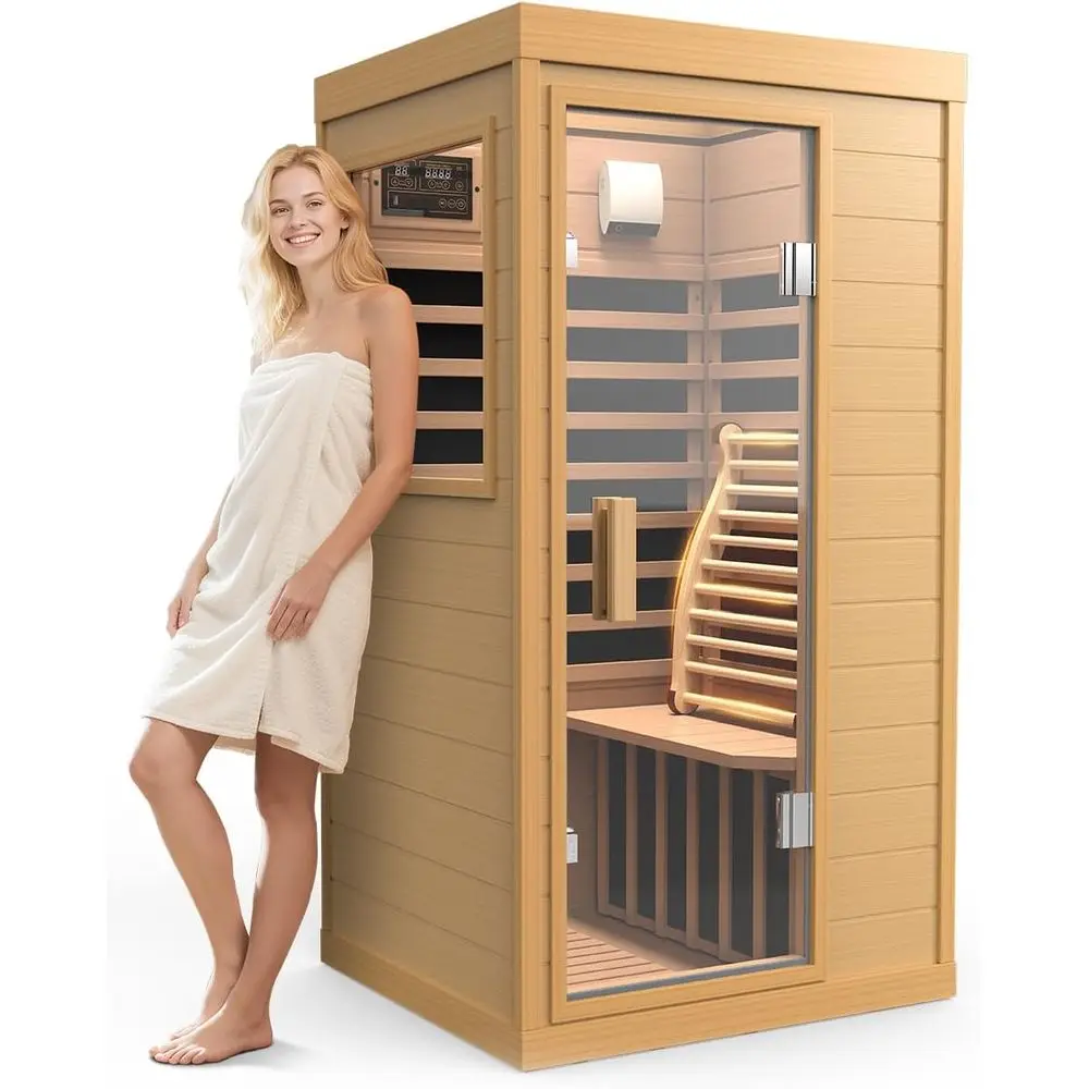 

1-Person Infrared Sauna with Backrest, Hemlock Wood, 1062W, 110V, Low EMF, Integrated Speakers and Reading Lamp