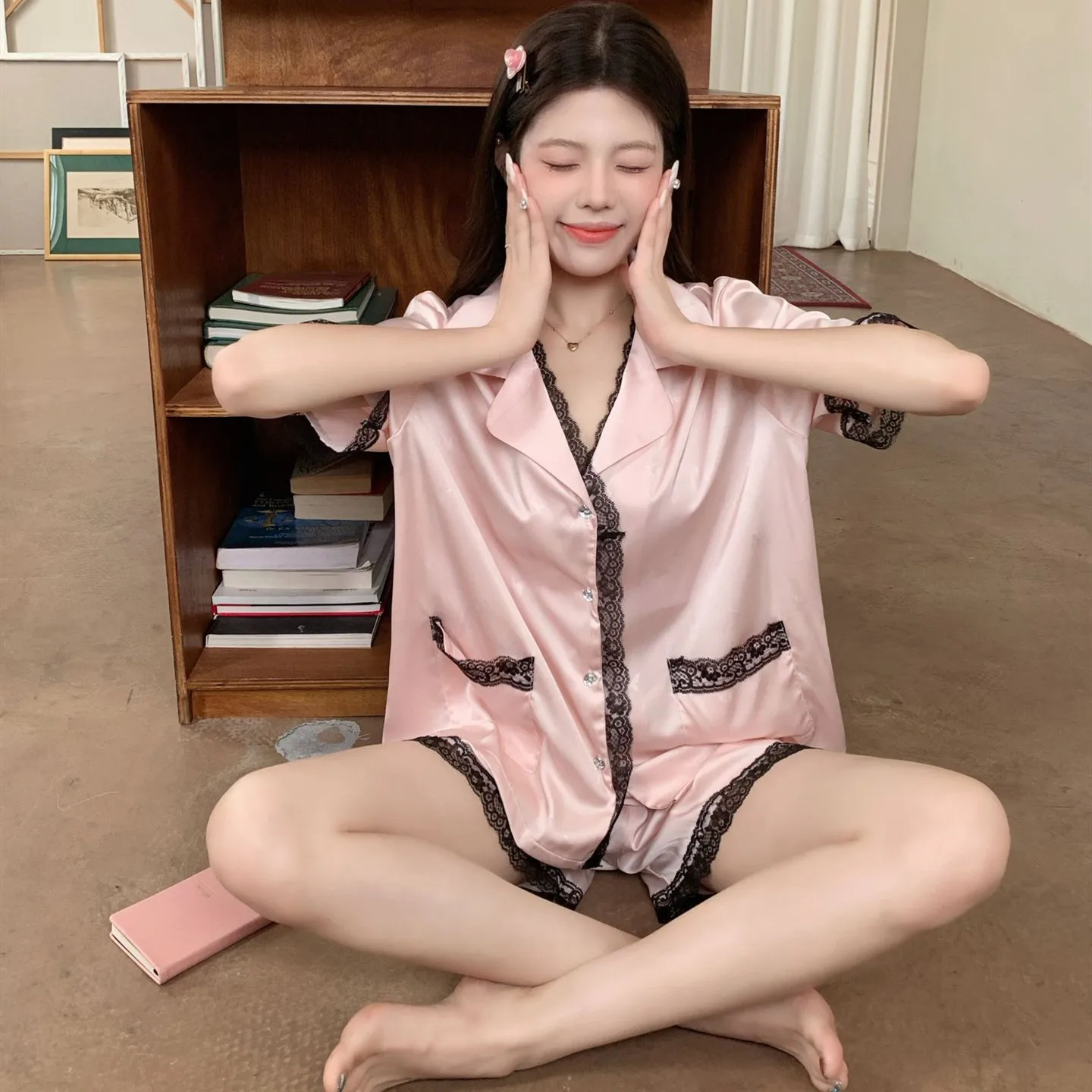 Summer Short Sleeve Shorts Pajamas Suits Lace Trim Sleepwear Lounge Wear Nightwear Loose Homewear