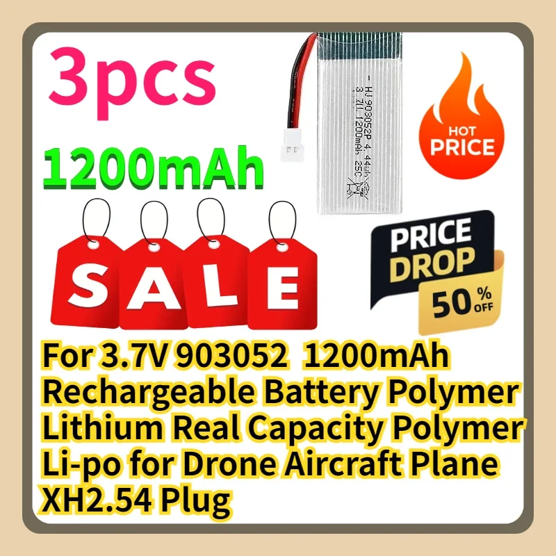 For 3.7V 903052 1200mAh Rechargeable Battery Polymer Lithium Real Capacity Polymer Li-po for Drone Aircraft Plane XH2.54 Plug