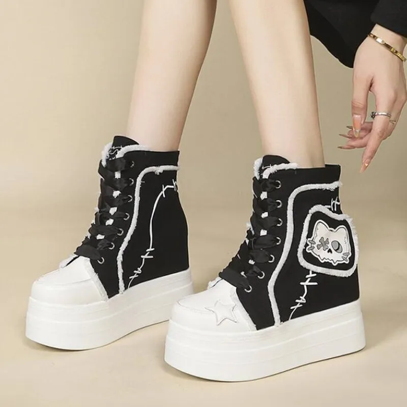 Gothic Platform High Top Sneakers for Women Wedge 10.5cm Heel Canvas Shoes Y2K Cute Cartoon Cat Patch Punk Lace-up Ankle Boots