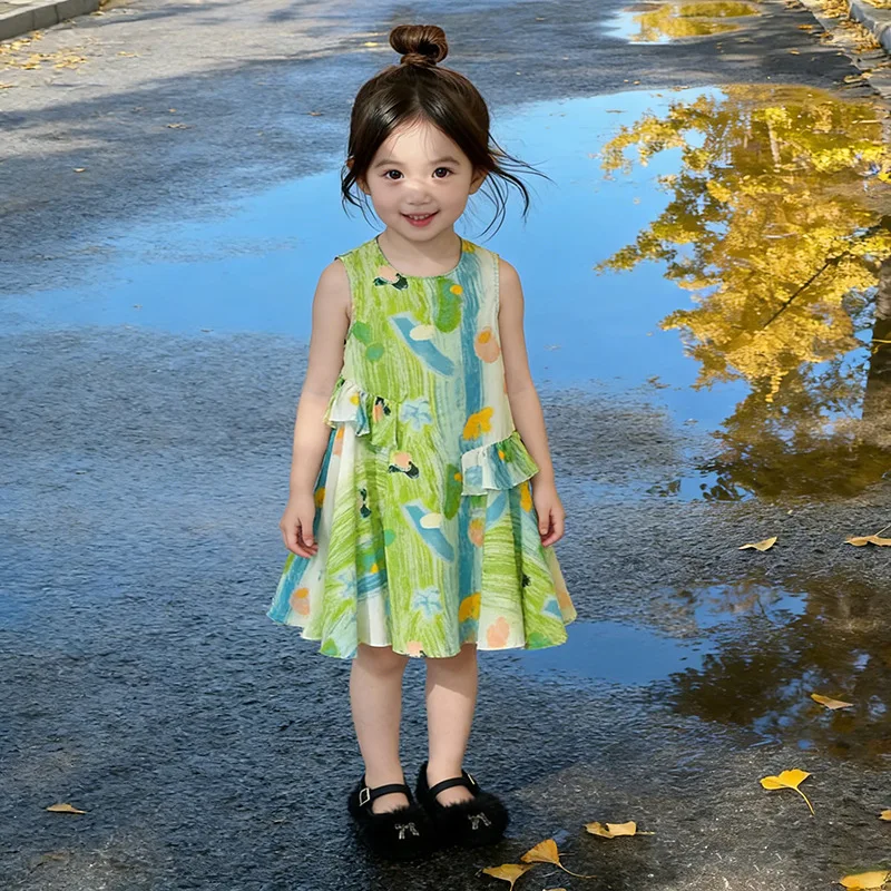 2026 Spring/Summer New Girls' Round Neck Vacation Wind Lotus Leaf Edge Decorative Dress