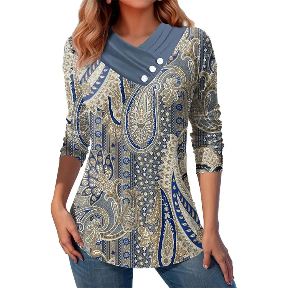 Women Spring Shirt Oblique V Neck Button Decor Digital Print Contrast Color Long Sleeves Loose Pullover Soft Top Blouse