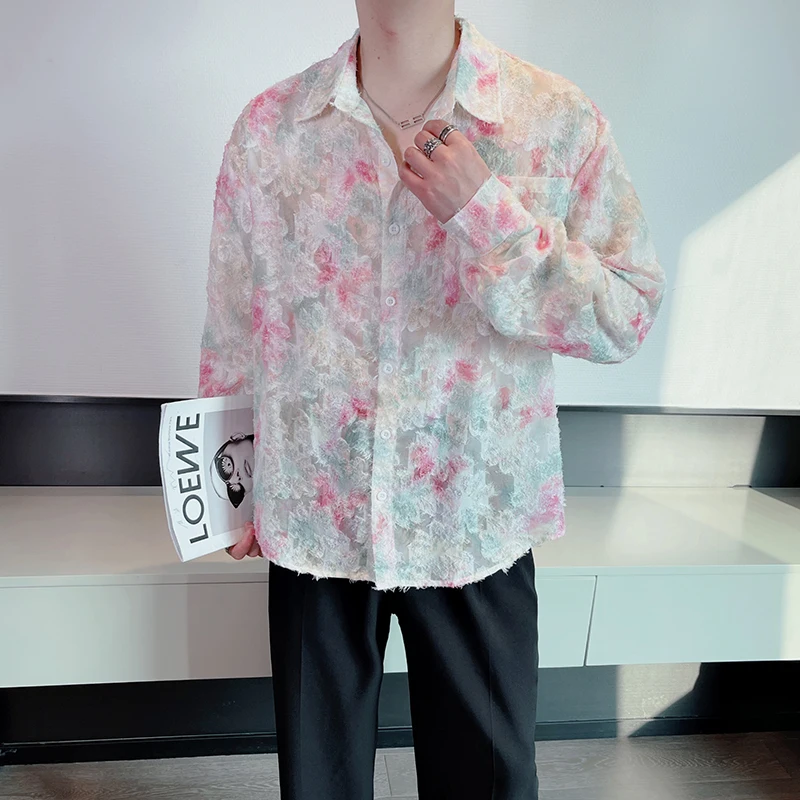 Korean version of niche design sense men's floral shirt long sleeve trend thin loose sunscreen shirt