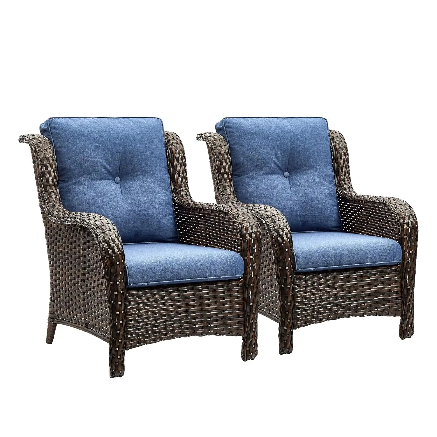 

Outdoor Wicker Patio Chairs Set of 2: High Back, Deep Seating, Wide Armrest, Thick Comfort Cushions, Customized
