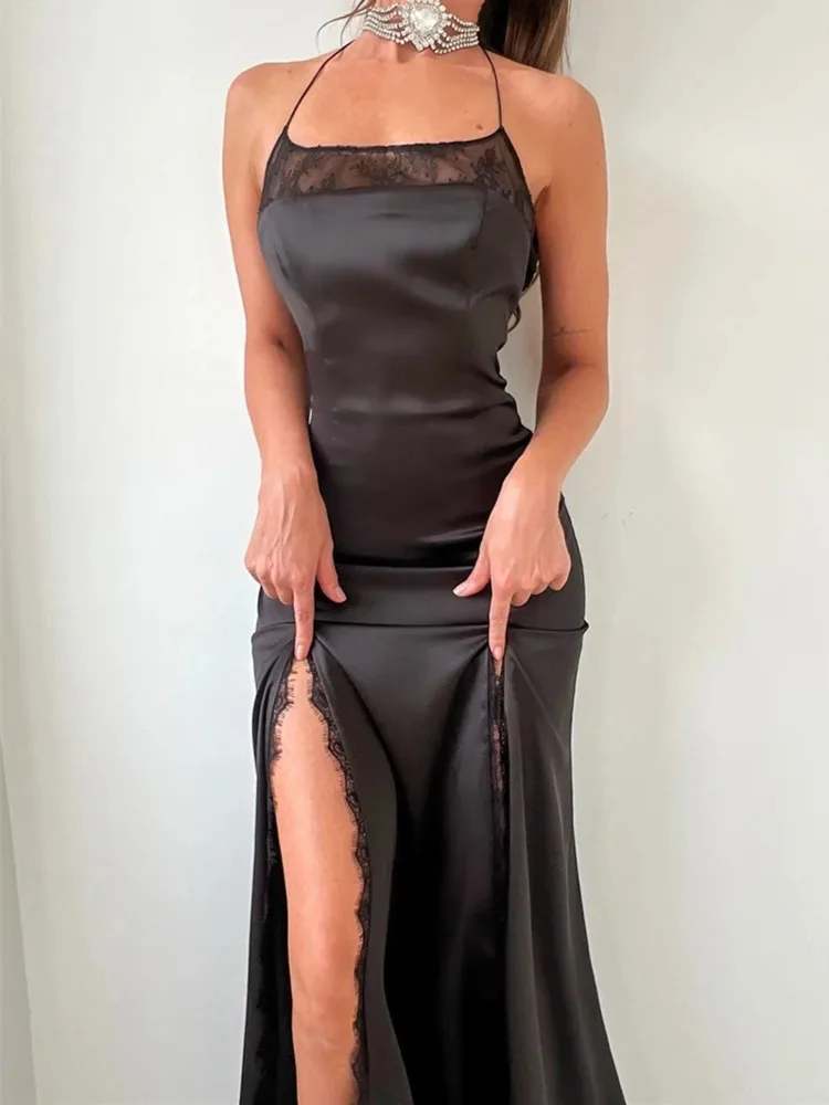 

2025 Lace Patchwork Split Halter Elegant Maxi Dress Women Black High Waist Sleeveless Backless Irregular Sexy Party Dress