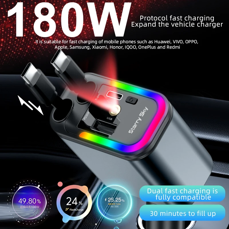 4-in-1 Car Charger with 2 Retractable Cable 180W Fast Charger Power Adapter Car Charger With Starlight For IOS Android Phones