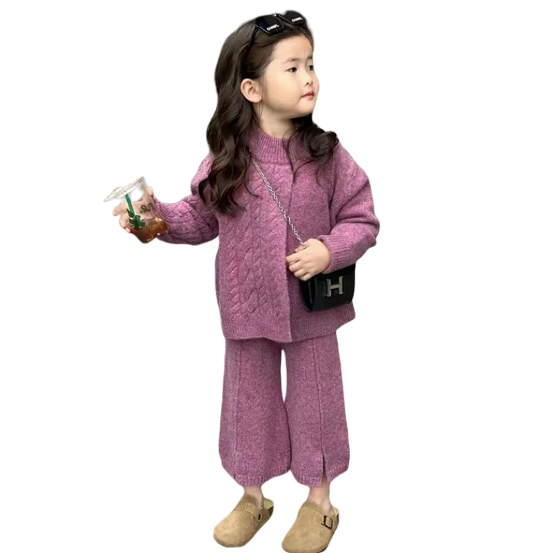 Girls Coat +Pants Kids Suits 2PCS/Set Cotton 2024 Rose Knitting Spring Autumn Cotton Tracksuit Sport Suits Children Clothing