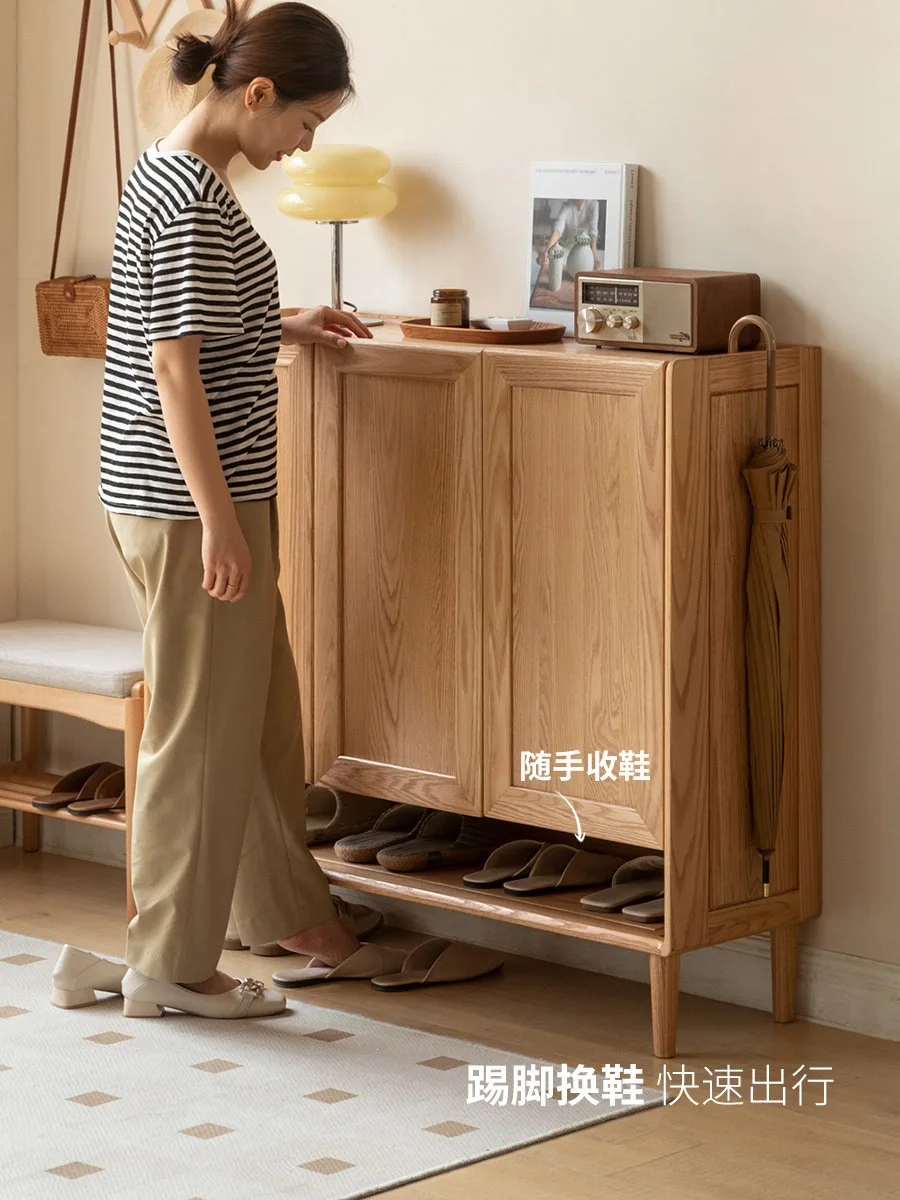 Pure solid wood shoe cabinet household door indoor disinfection shoe rack living room oak large-capacity entrance cabinet