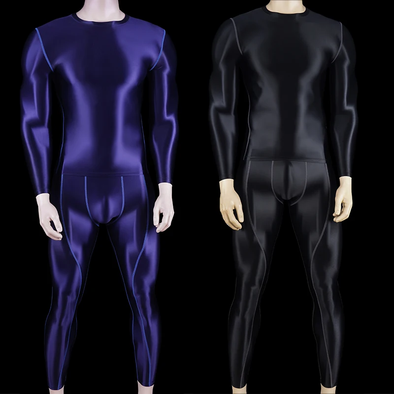 sexy men shiny Long sleeves and tights oily luster fitness Overalls casual  trousers swimming Yoga glossy Pants