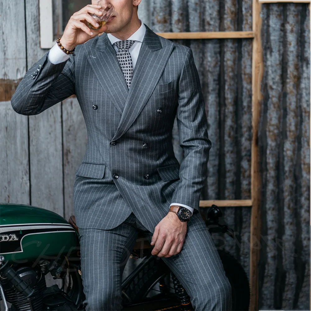 

Elegant Double Breasted Men's Suit Fashion Striped Slim Fit Business Casual Office Work Party Male Clothing Two Pieces Set