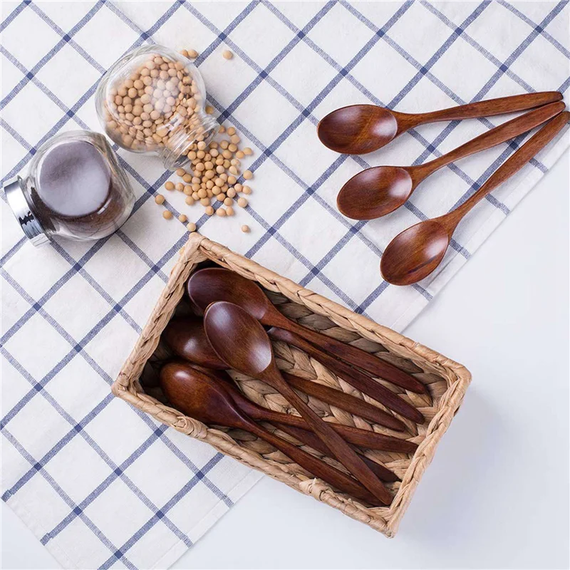 ABFY-Wooden Spoons, 50 PCS Wood Soup Spoon Set, Long Handle Natural Wood Table Spoons 7.3 Inches