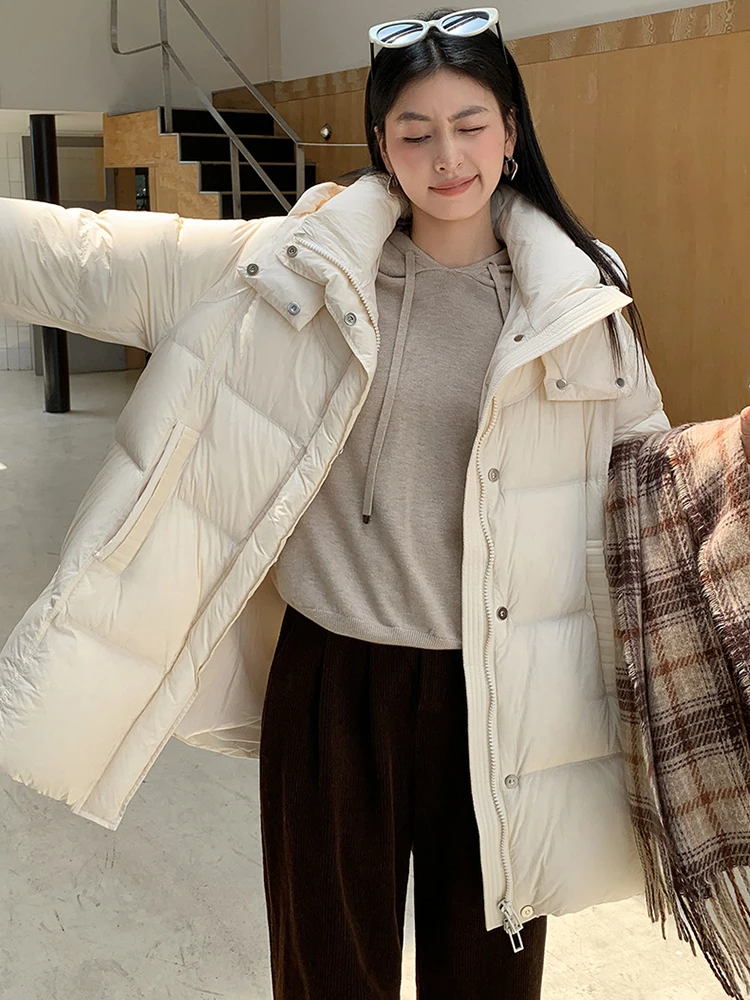 

Puff Hooded Winter Mid Length Down Jacket Female Warm Zipper Parker Outwear Women 90% White Duck Down Thicken Casual Down Jacket