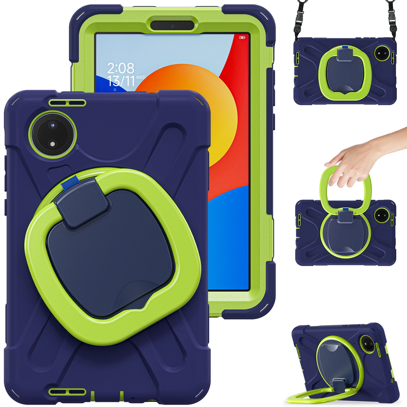 

For Xiaomi Redmi Pad SE 4G 8.7 inch Case Kickstand Rugged Tablet Cover with Shoulder Strap - Navy Blue+Yellowgreen