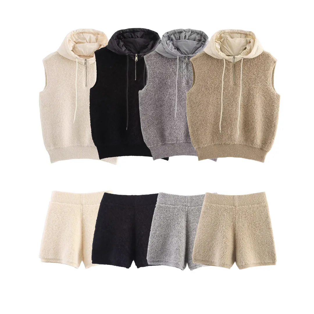 

Винтажная осенняя новая модная женская куртка с капюшоном, женский жилет без рукавов с высокой талией, свободные шорты, офисные женские комплекты из двух предметов