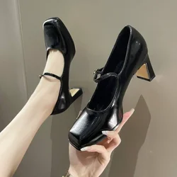 Shoes for Women 2024 on Heeled Ladies Summer Footwear Gothic Pumps Japanese Style Lolita Mary Jane Square Toe High Heels Black A