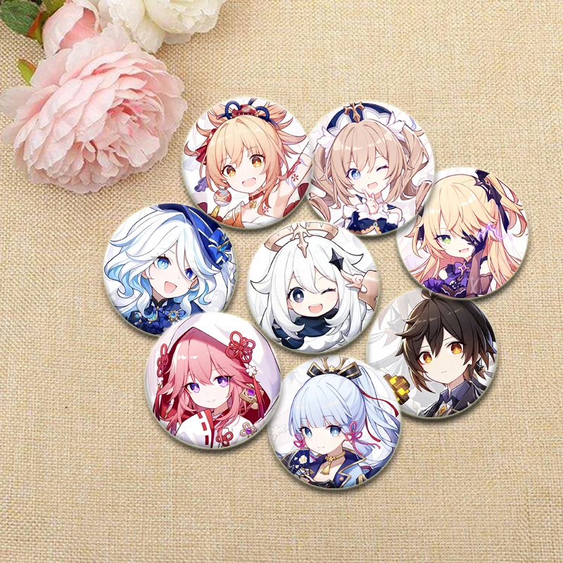 Genshin Impact Hutao Klee Vendi Ganyu Symphony Pins 32/44/58mm Cosplay Anime Brooches Gift Badge for Backpack Clothes Accessory