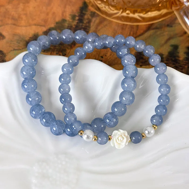Sea Blue Blossom Crystal Pearl Camellia Bracelet: Stunning Student & Best Friend Bracelet with Unique Instagram-Worthy Design