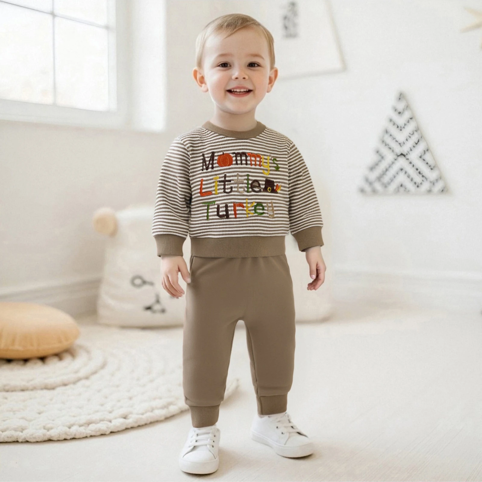 

Baby Boy Thanksgiving Outfit Letter Embroidery Striped Long Sleeve Sweatshirt and Elastic Pants 2 Piece Clothes