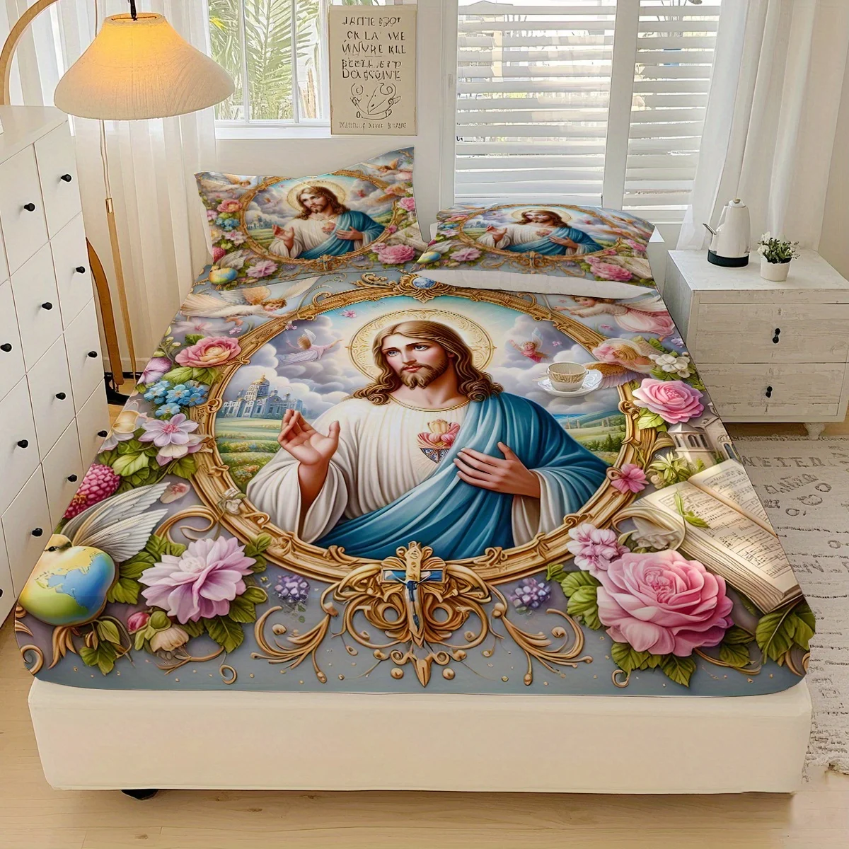 [JIT] 3pcs Jesus Heaven Bedding Set - Sheets, Mattress Protector, Breathable and Soft for All Seasons, Durable