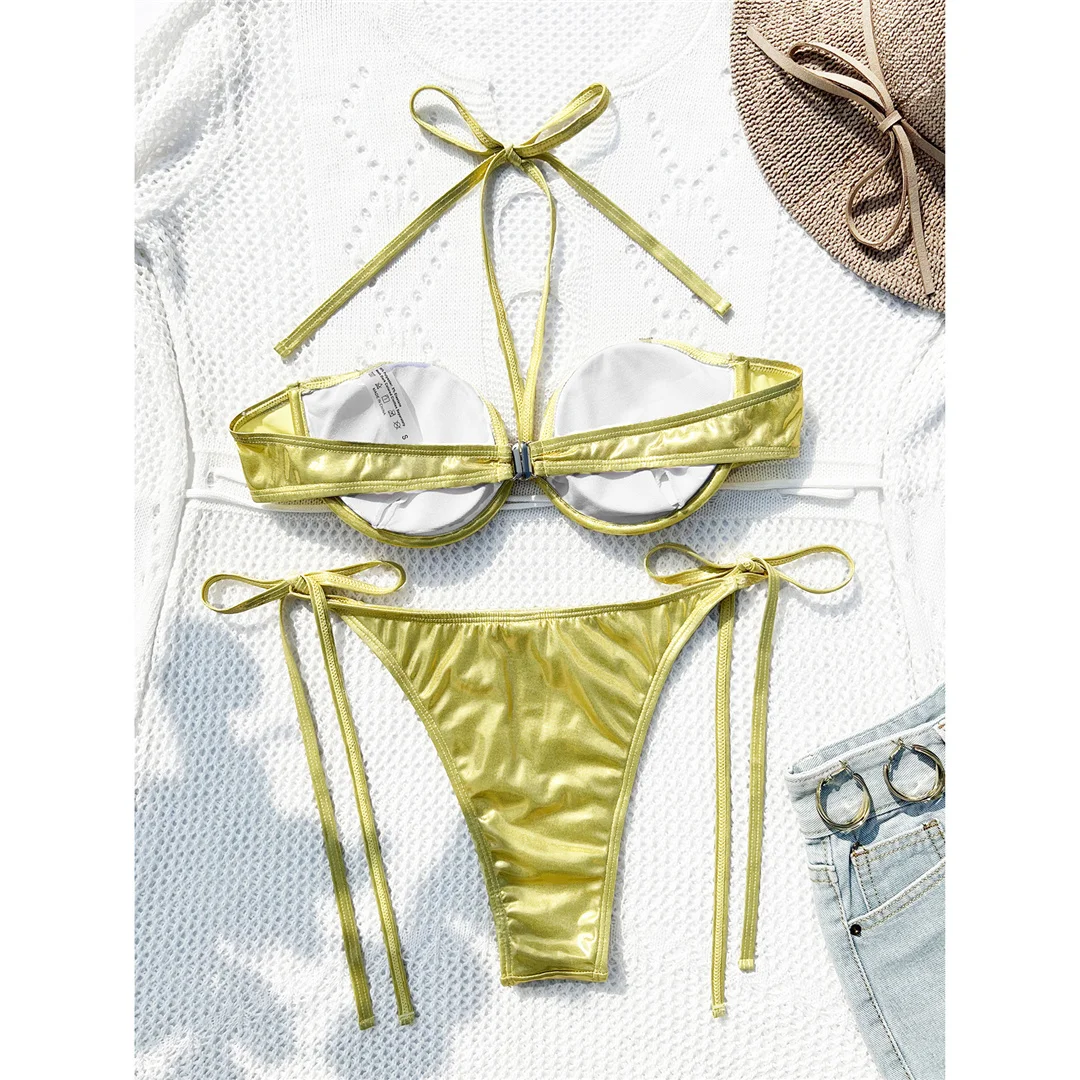 PU-Kunstleder, Bügel-Bikini mit V-förmigem Schnitt, Damen-Badebekleidung, zweiteiliger Bikini-Set, Badeanzug, Badebekleidung, Modell V5339. – Detail 12