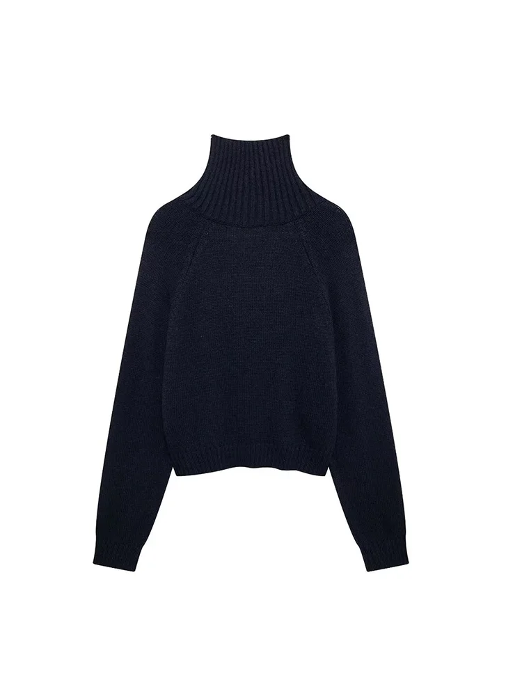 KUCLUT Women Fashion Chic Navy Knit Sweater With Scarf Female High Neck Long Sleeves Pullovers Ladies Casual Knitwear