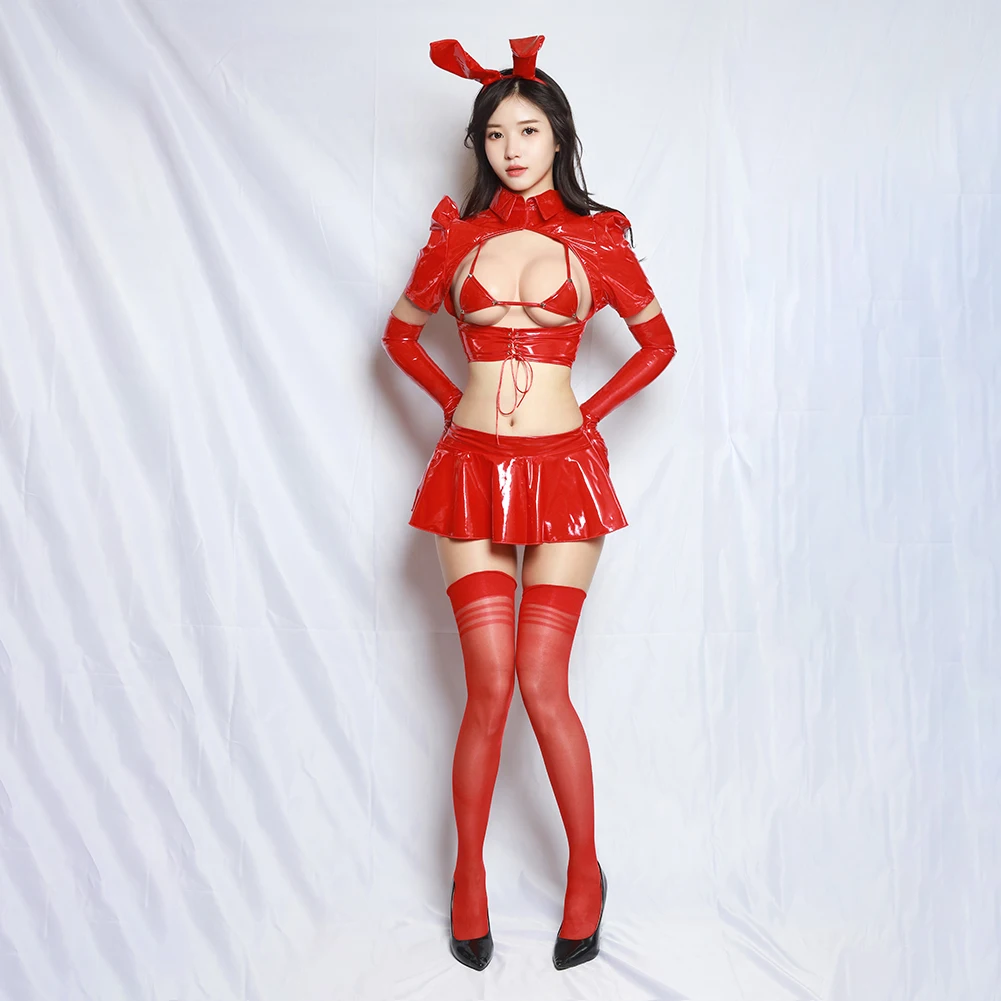 Sexy ​ Damen Wet Look Lackleder Dessous Set Erotische Unterwäsche Damen Nachtwäsche Set 4PC Glänzende Clubwear Strumpfhosen Body
