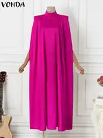 Plus Size 5XL VONDA Women Stand Collar Elegant Satin Dress Long Bat Sleeve Evening Pleated Maxi Sundress Casual Solid Party Robe - Image 5