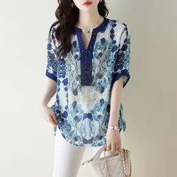 Temperament Printed Summer Short Sleeved Women's V-neck Diamonds Patchwork Elegant Versatile Mid Length Loose Fitting Shirt Tops