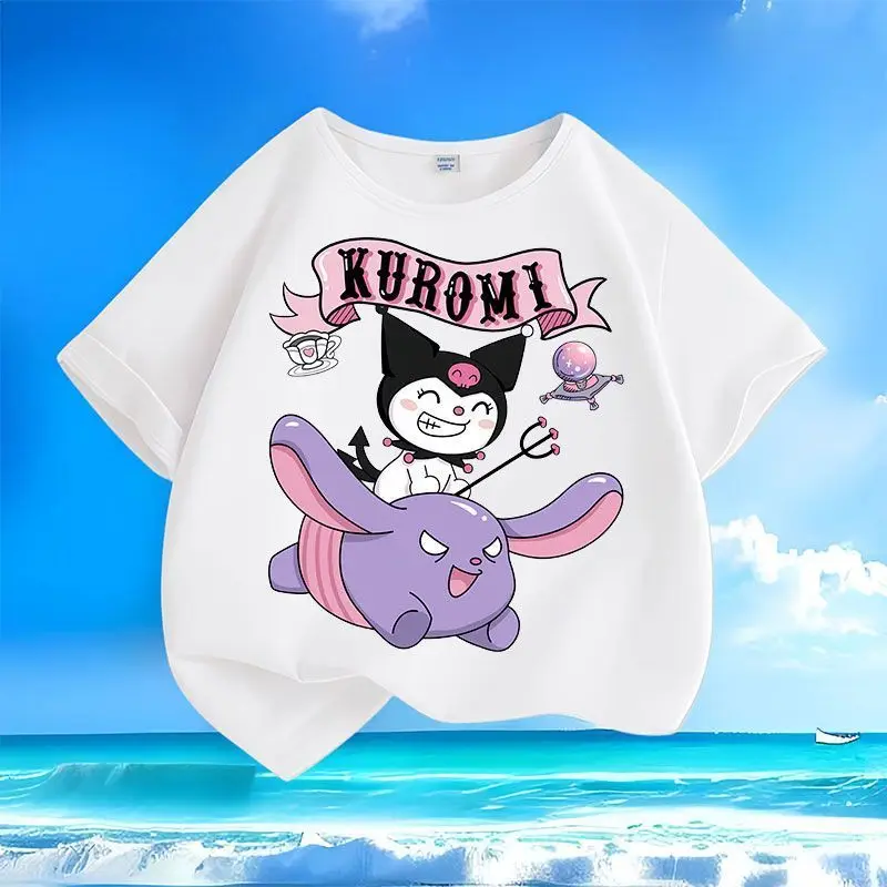 

Kuromi Sanrio Kawaii Anime Short-Sleeved T-Shirt Girl Heart Summer Cartoon Cute Children Pure Cotton Tops Tide Gift for Kids