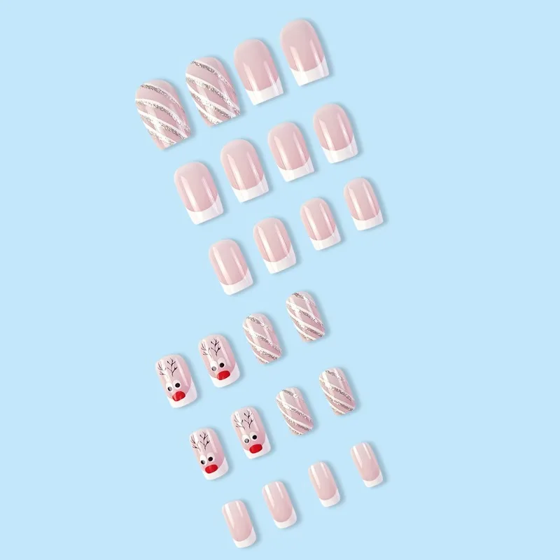 24pcs White French Fake Nails Set Christmas Elk Short Medium Square Cheap Nail Press on Girls Cute Stick-on Nails Nail Art Sweet