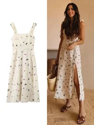 Ladies Embroidery Elegant Printed Halter Summer Dress Women Sexy Side Split Back Tie Chic Beach Long Dress Female Vestidos Robe