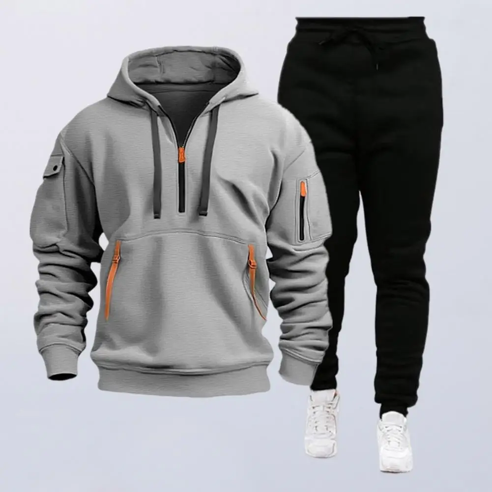 Men Track Suit with Multiple Pockets Men's Hooded Sweatshirt Sweatpants Set for Sportswear Adjustable Drawstring for Active