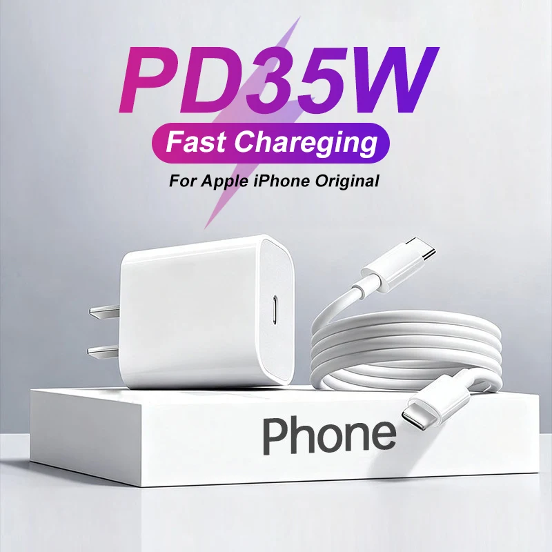 Carregador Rápido Original PD 35W para Apple iPhone 17 16 15 Pro Max Air 14 13 12 11 USB-C Acessórios para Telefone X XS XR 8