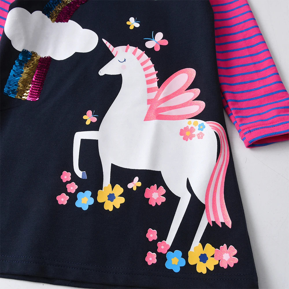 DXTON Winter Cotton Kids Hoodies Dress Striped Children Clothes Sequin Rainbow Baby Girls Hooded Dress Cartoon Girls Casual Wear