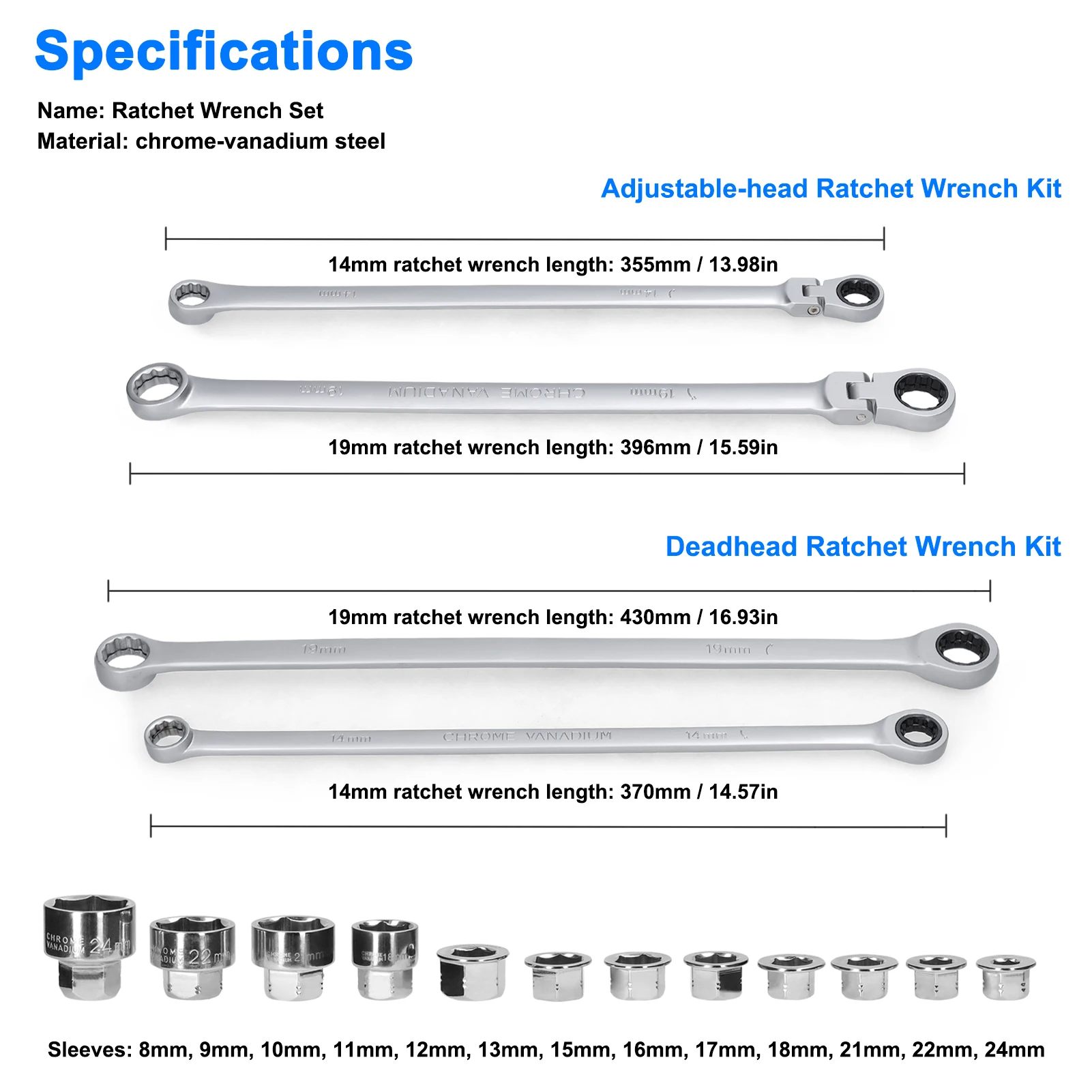 Kit de chave de catraca ajustável 15 em 1, aço cromo vanádio, chave de torque, conjunto de soquete para reparo de carro, ferramentas manuais