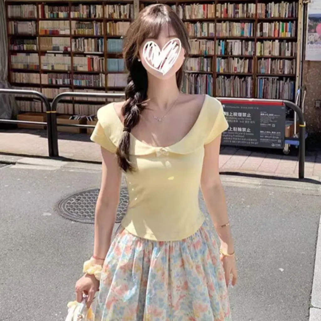 

Yeyuan Girly Cute T-Shirt with Collar Bow Slim Fit Short Sleeve Top for Summer Pure Design Hot Girl Fashionable Casual Wear
