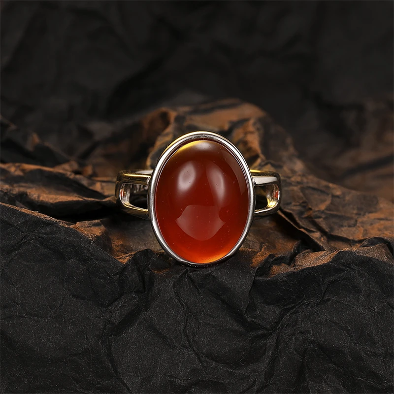 

925 Sterling Silver Natural Red Agate Ring For Women Fashion Geometric Oval Adjustable Opening Ring Personality Jewelry Gift