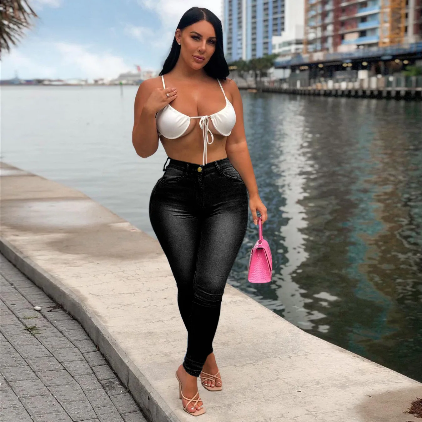 Pantaloni a matita in denim Jeans da donna Tasche a vita alta elasticizzati Pantaloni skinny alla caviglia lavati effetto consumato Streetwear 2025