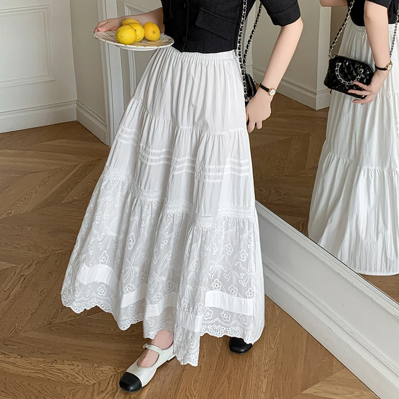 Seoulish 2025 primavera verão novo elegante laço crochê bolo a linha saia para mulheres preto branco cintura alta coreano saia longa feminina