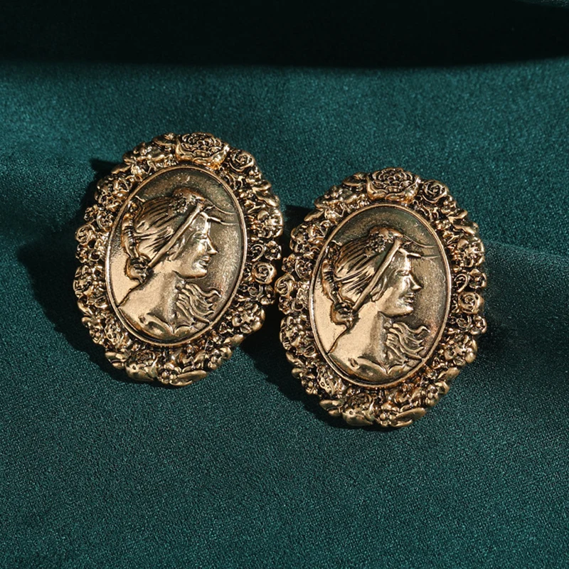 Vintage Antique Beauty Head Portrait Relief Sculpture Studs Earring Oval Retro Outfits For Woman Accessories Luxury 2025 New