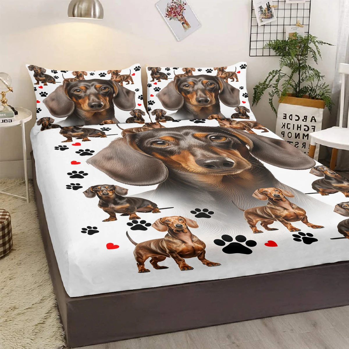 Dachshund Sheet Set Cute Black and Red Paws Sheets & Pillowcase Sets Deep Pocket Fitted Sheet 3 Piece