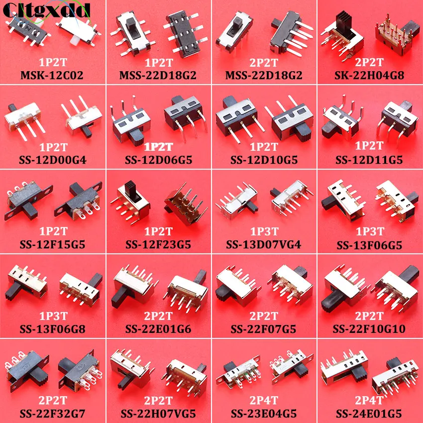 Cltgxdd 100pcs Toggle Switch Single and Double Row In-line Horizontal Small Micro Power Slide Switch 2/3Gear 1P2T 2P2T 1T3P 2P4T