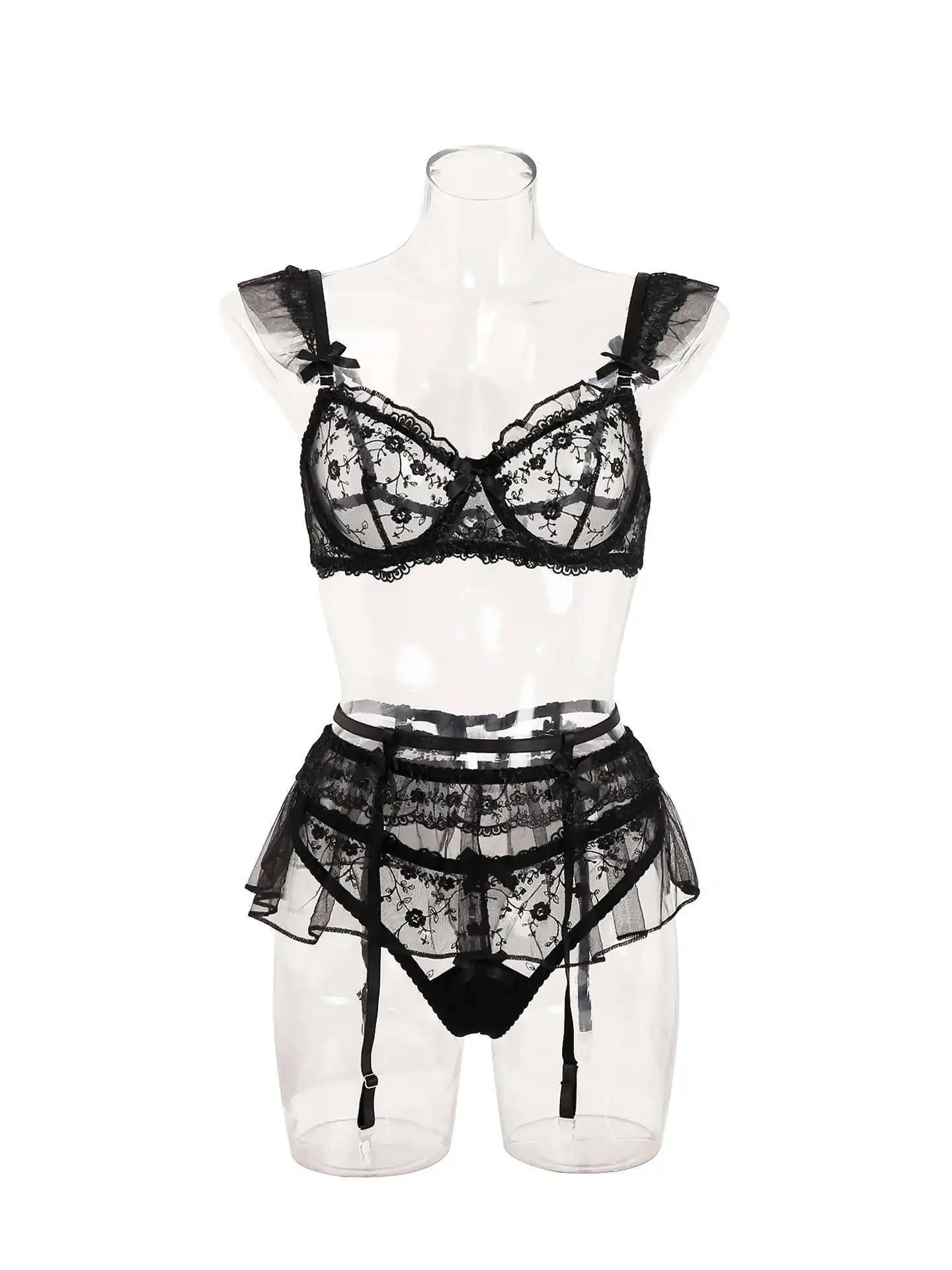 Sexy Transparente Einfarbige Blumendruck Spitze Mesh Rock Sets Rückenfreie Tiefe V Hosenträger Ärmellose Rock Sets Charming RMRO