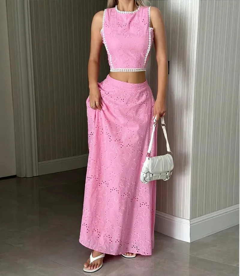 

EINY Luxury Hollow Out Sleeveless Top Skirt Ses Embroidered Long Dress Casual Holiday Temperament Waist Cinching Two-Piece Set