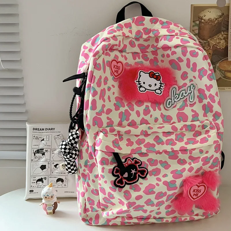 

Korean Cute Leopard Print Backpack Japanese Hello Kitty Cartoon Adult Backpack Student Kawaii Schoolbag 33cm*13cm*43cm Backpack