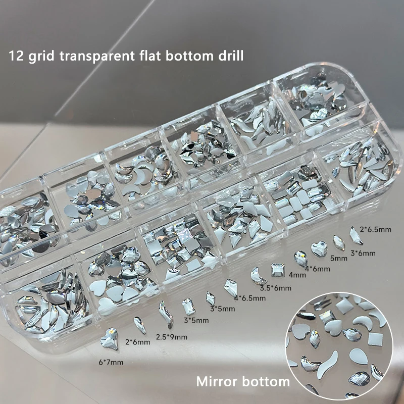 12 Grids Sparkle Crystal Flat Bottom Glitter Rhinestones Geometric Irregular Nail Art Decorations DIY Manicure Tool Accessories
