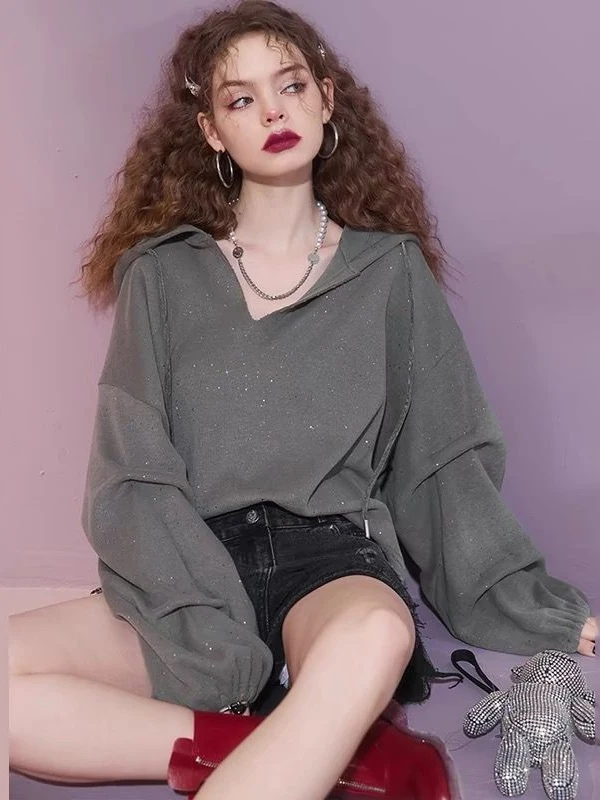Retro Fairy Loose Long Sleeve Hoodie Women's Simple Design Slimming Top Autumn 2026 Silver Dripping Sweatshirt Commute Style