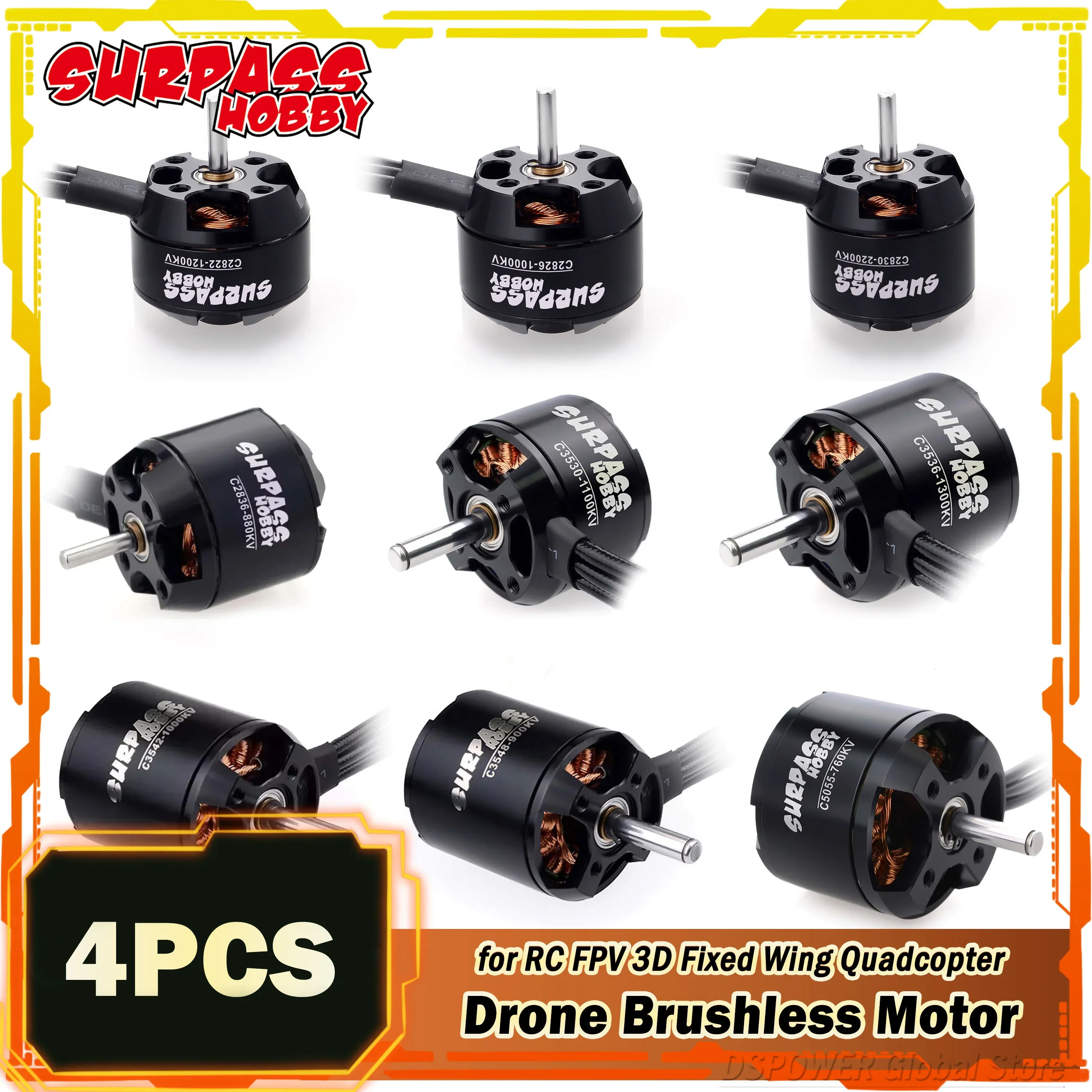 

4PCS SURPASS HOBBY 2822 2826 2830 2836 3530 3536 3542 3548 5055 Brushless Motor for RC FPV Fixwing Quadcopter Drone Multicopter