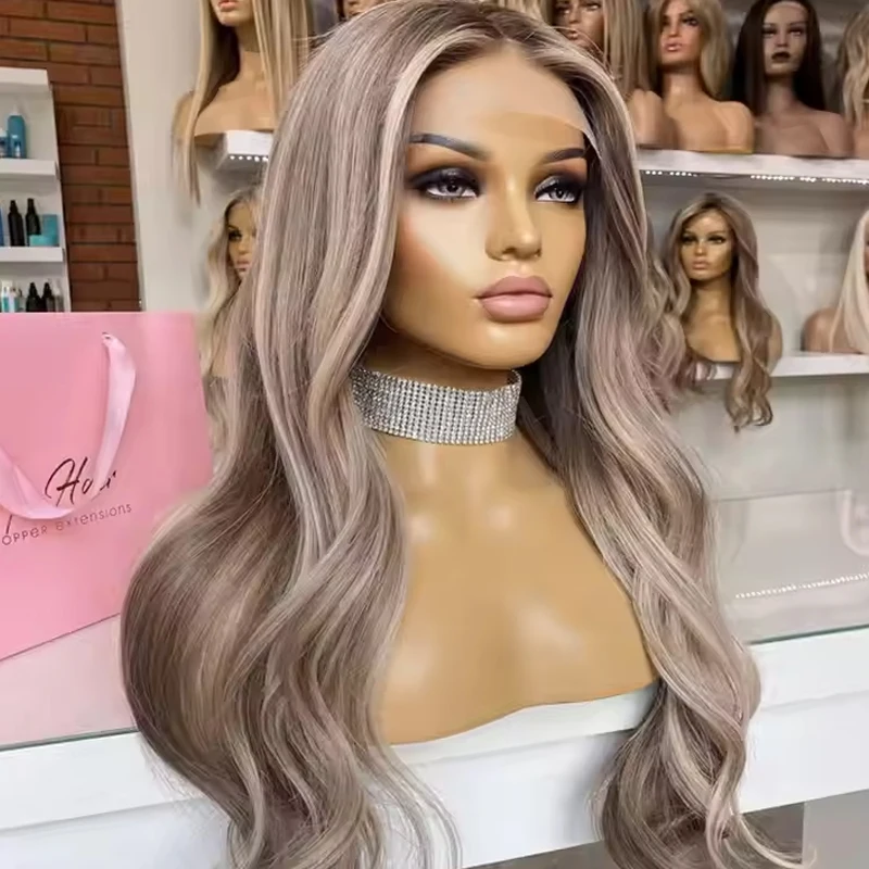 Peruka syntetyczna Fashion Blonde Color Wave 13x4 koronkowa peruka na przód High Gloss Grey Hight Density Pre plucked For Women Daily Party Use